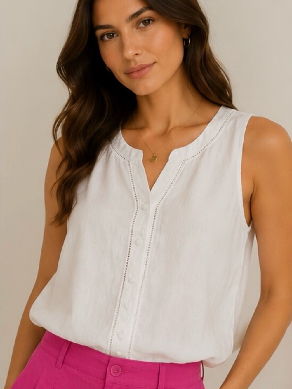 Joie White Sleeveless Button-Front Eyelet Trim Blouse
